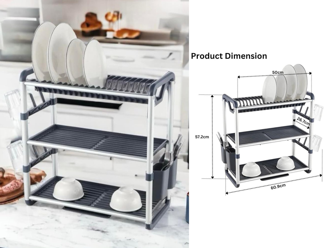 3 Tiers Aluminium Dish Rack with Removable Plastic Tray
