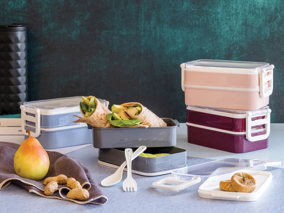 Aqua Lunch Box 2 seperate trays with cutlery