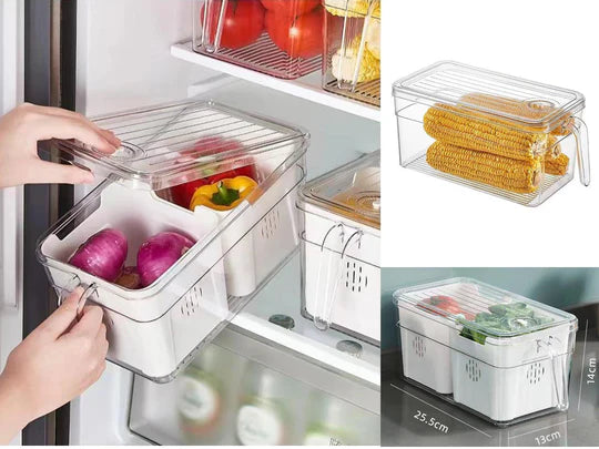 Fridge Storage Box w 2 Strainers & Cover & Handle
