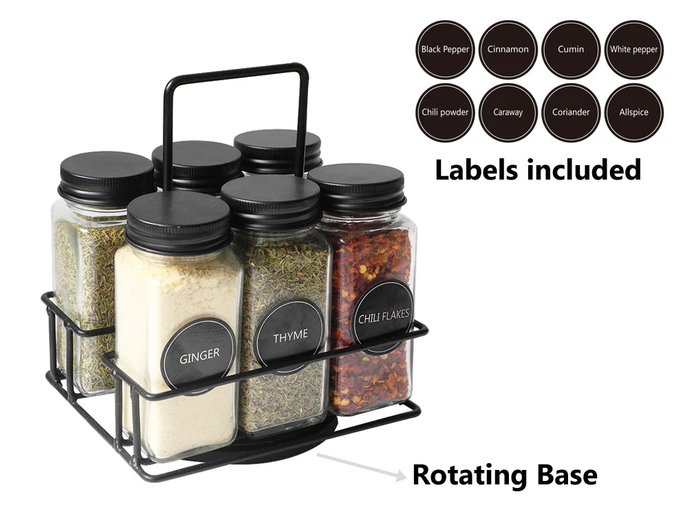 Glass Spice Set 6 pieces with Metal Rotating Basket