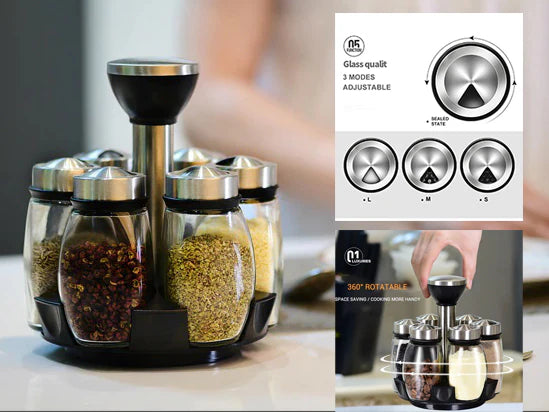 Set of 6 glass jars on revolving base