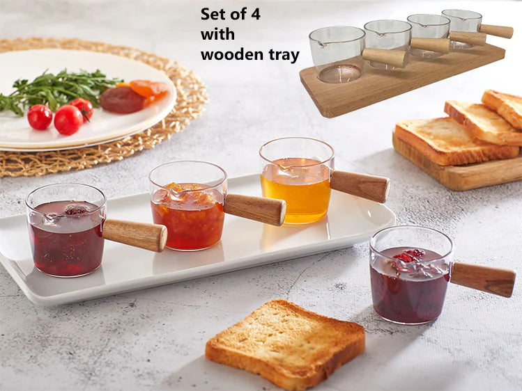 Set of Wooden Base & 4 Mini Acrylic Sauce Bowls Wood Han