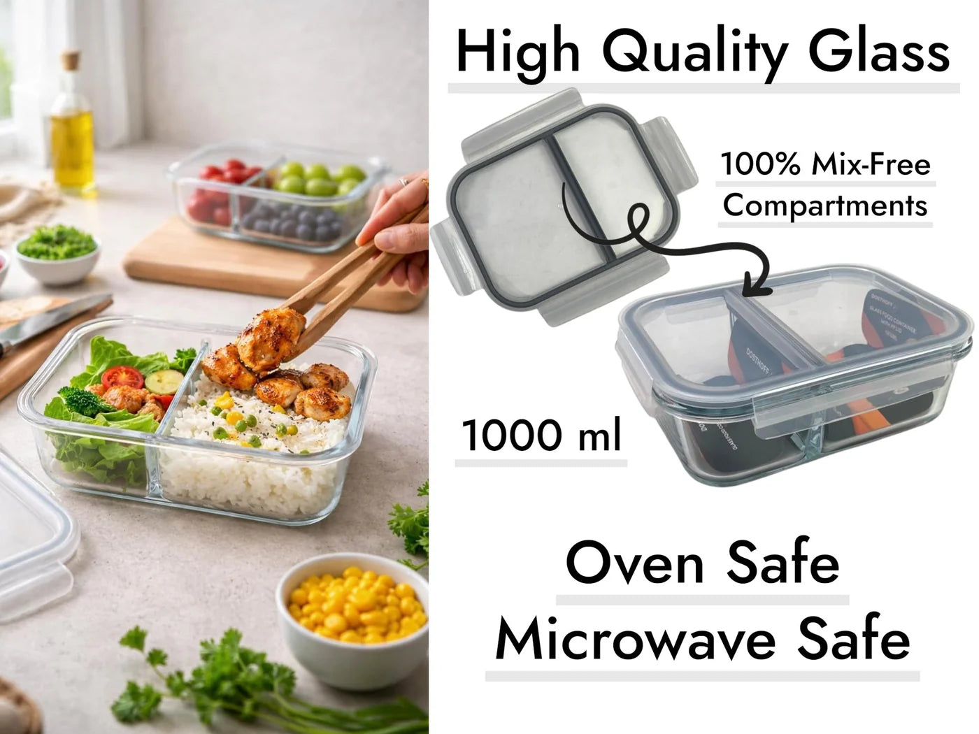 Dosthoff Leak Proof Divided Glass Food Container 1000 ml