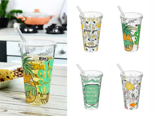 Summer Time Plastic Cup 600 ml with Glass Straw