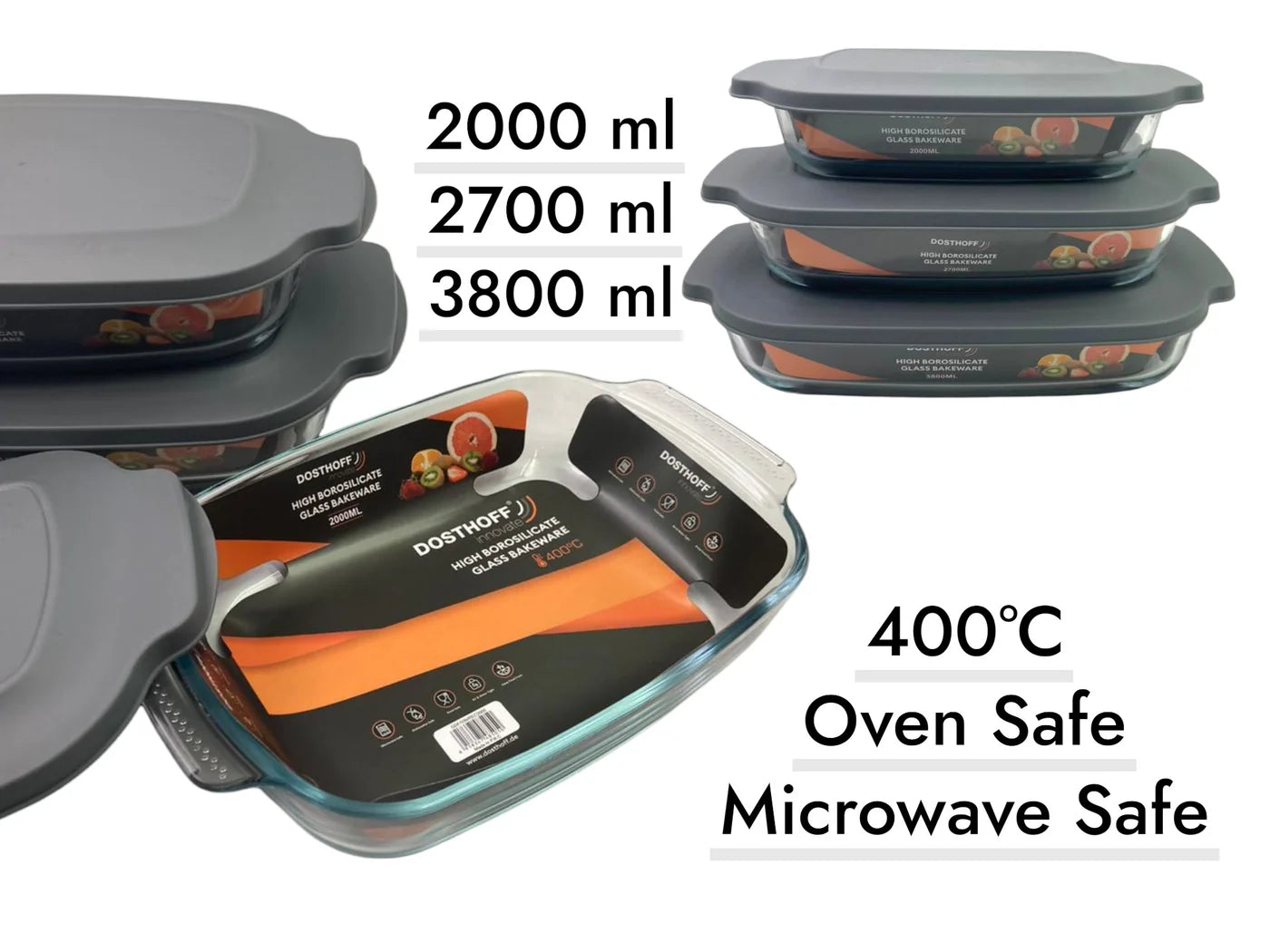 Dosthoff Set of 3 Glass Oven Safe Bakeware with PP Lids