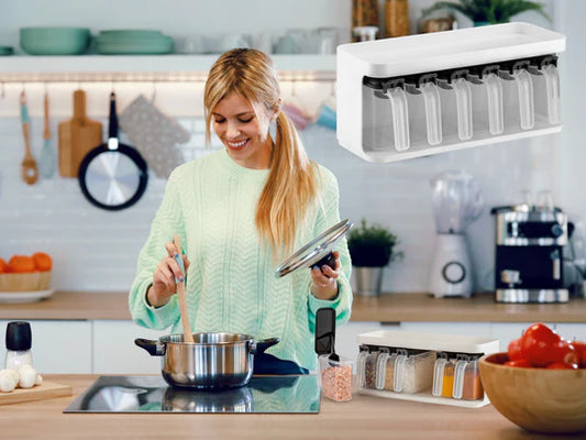 Block Set of 6 slim spice boxes with spoons on stand