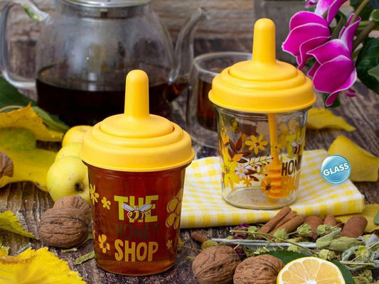 Glass Decorated Honey Jar with Honey Spoon 320 cc