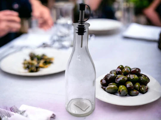 Glass Oil Bottle 300 ml with Metal Pourer and Cover