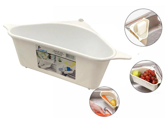 Plastic corner sink organizer with strainer