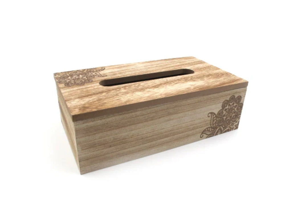 Wooden Tissue Box "Flower Engrave