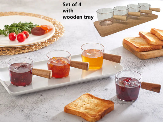 Set of Wooden Base & 4 Mini Acrylic Sauce Bowls Wood Han