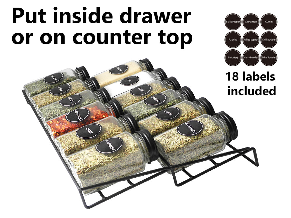 Glass Spice Set 12 pieces with Metal Rack for Drawers