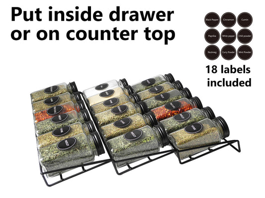 Glass Spice Set 18 pieces with Metal Rack for Drawers
